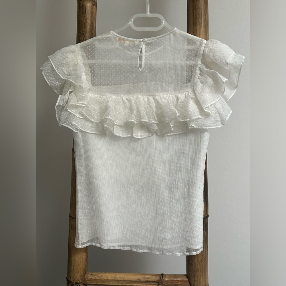 MAJE white color sheer dotted short sleeve lined ruffle silk in 2- like NEW - Picture 4 of 8